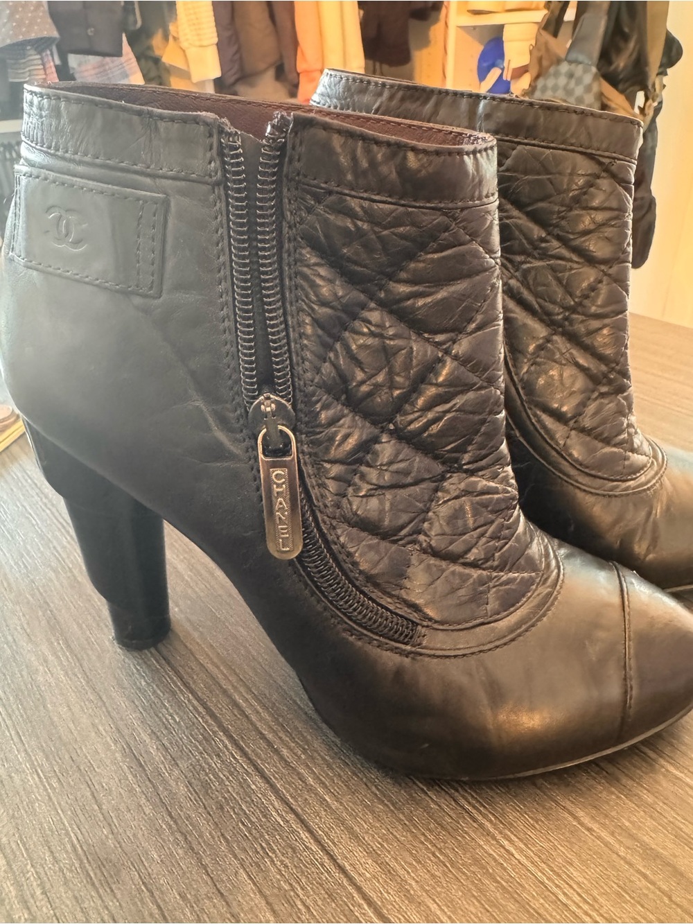 CHANEL Black Quilted Leather Ankle Booties with Side Zip